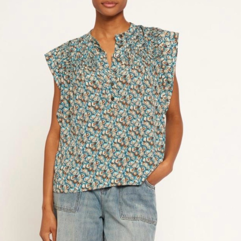 Joie Marley Floral Cap Sleeve Pleated Blouse Fjord Blue Multi Sz M NWT